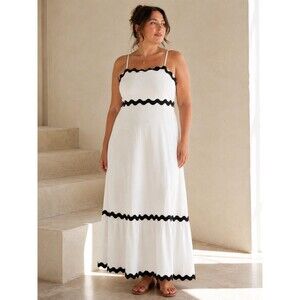 White Sundress Ric Rac Trim Midi  Cottagecore Resort Coastal Summer Lined XL